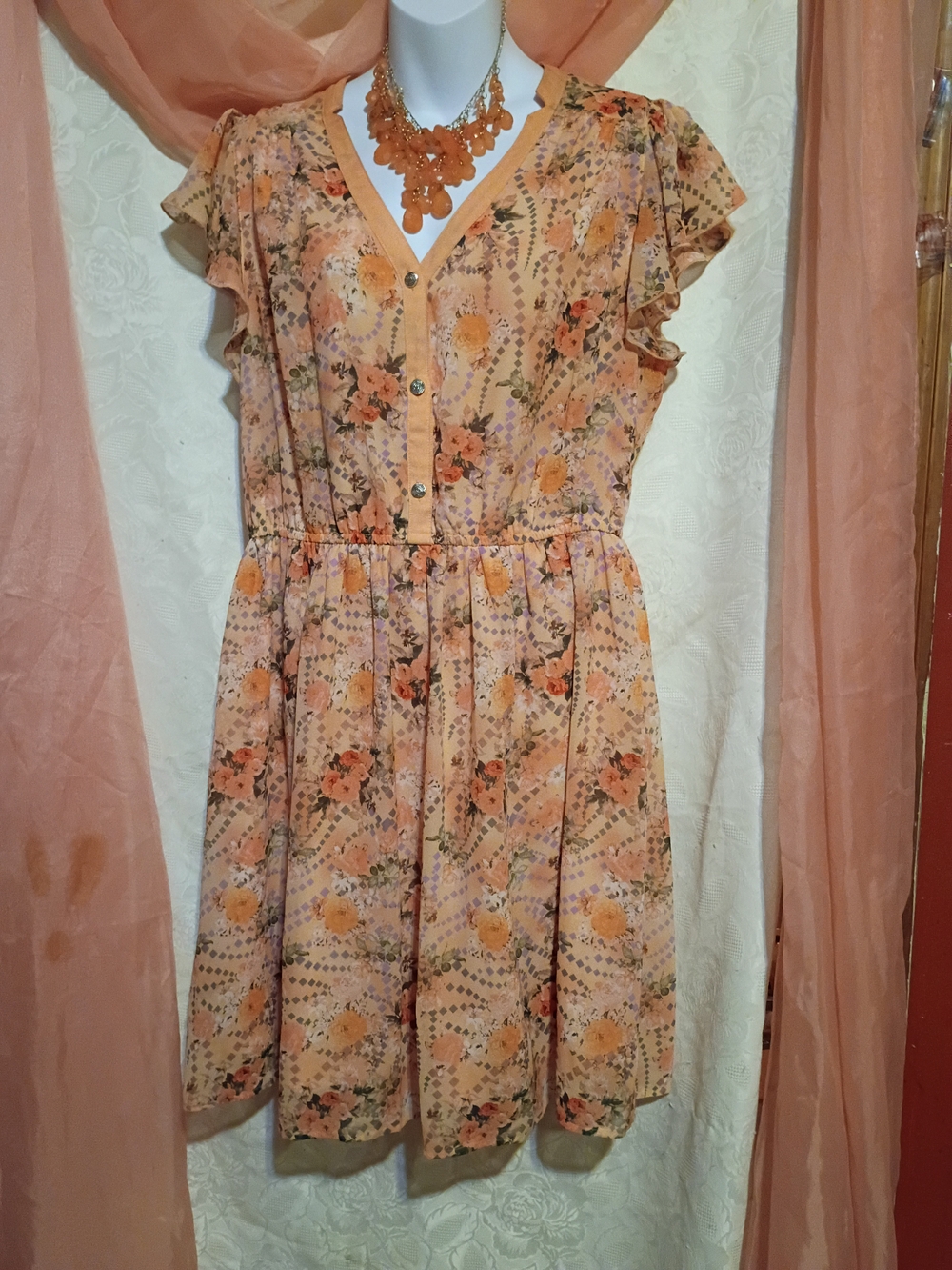 Candalite Ladies Peach Floral Button-Front V-Neck Summer Dress Sz XL